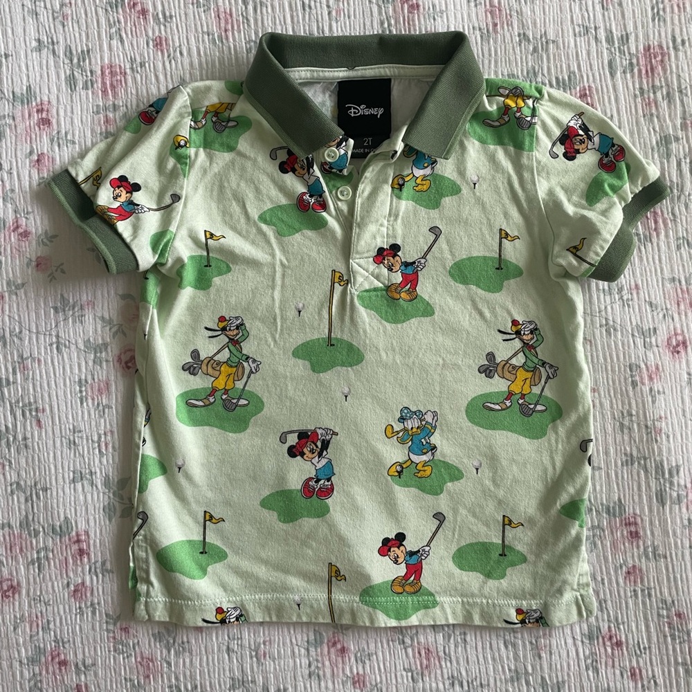 Disney Light Green Polo Shirt with Golfing Mickey, Donald & Goofy